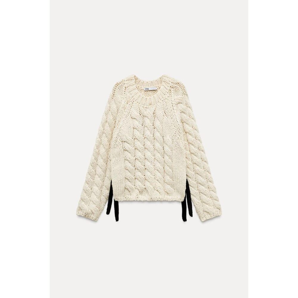 Cream Zara Side Vents Ties Chunky Knit Long Sleeve Pullover Sweater (NWT) - Picture 10 of 10